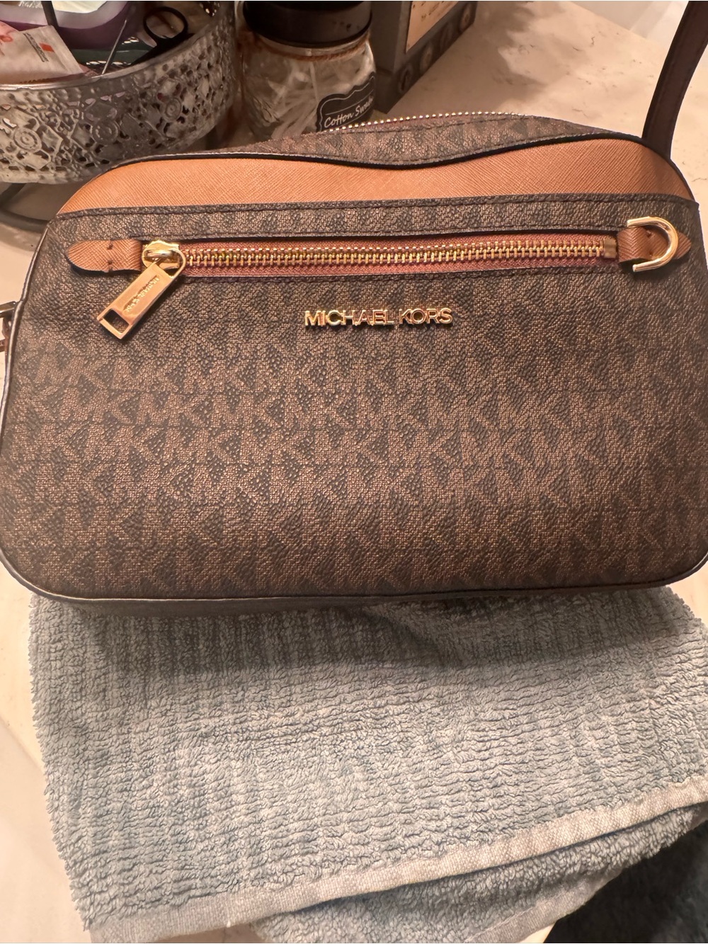 Michael Kors Brown and Tan Logo Crossbody Bag with Gold Hardware